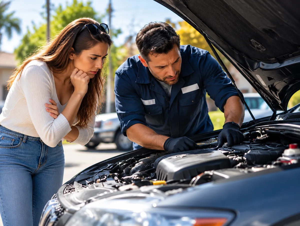 Worried woman watches a mechanic inspect her car engine after an unexpected breakdown