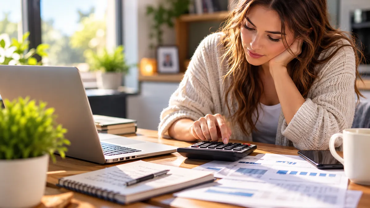 Woman using a calculator at her desk to work out a monthly loan payment