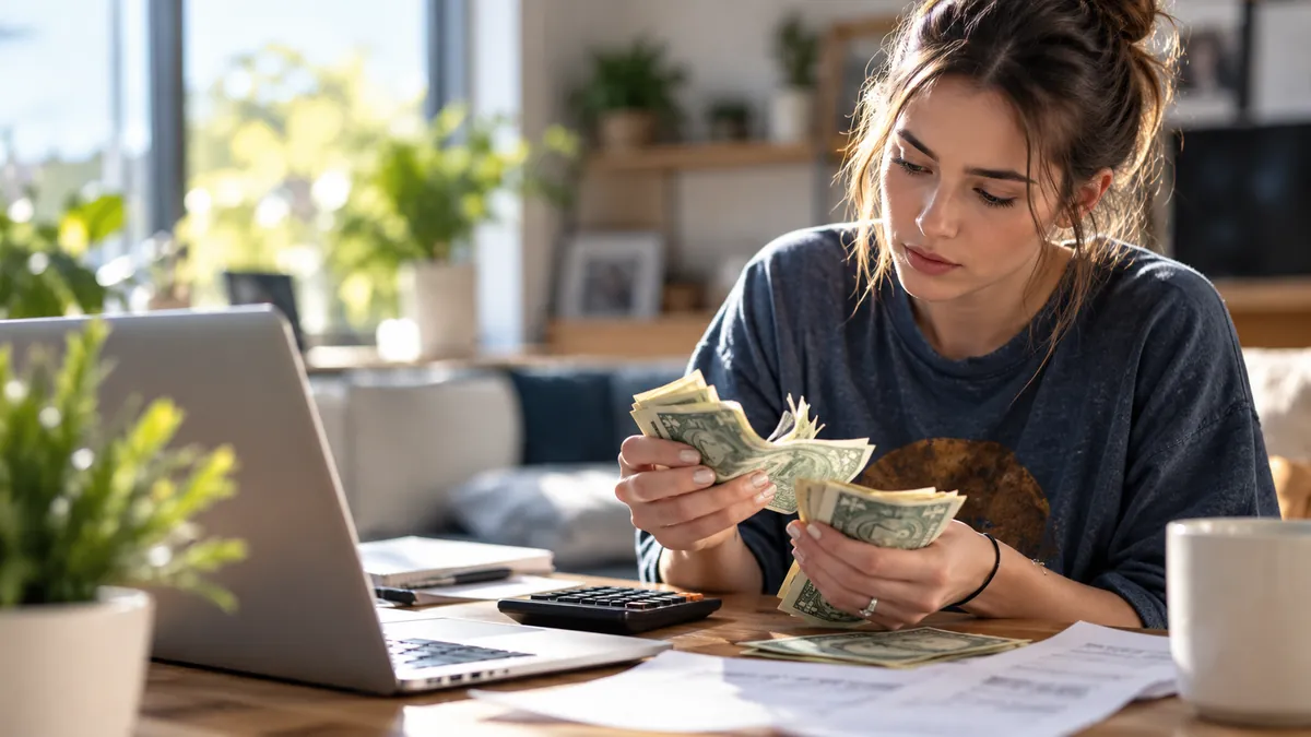 Young woman counting dollar bills next to a calculator and laptop while planning her budget